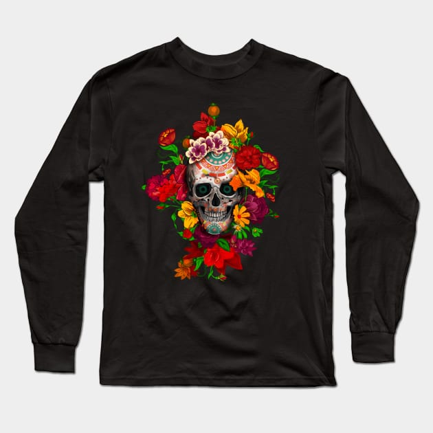 Sugar skull with flowers Long Sleeve T-Shirt by Dezigner007